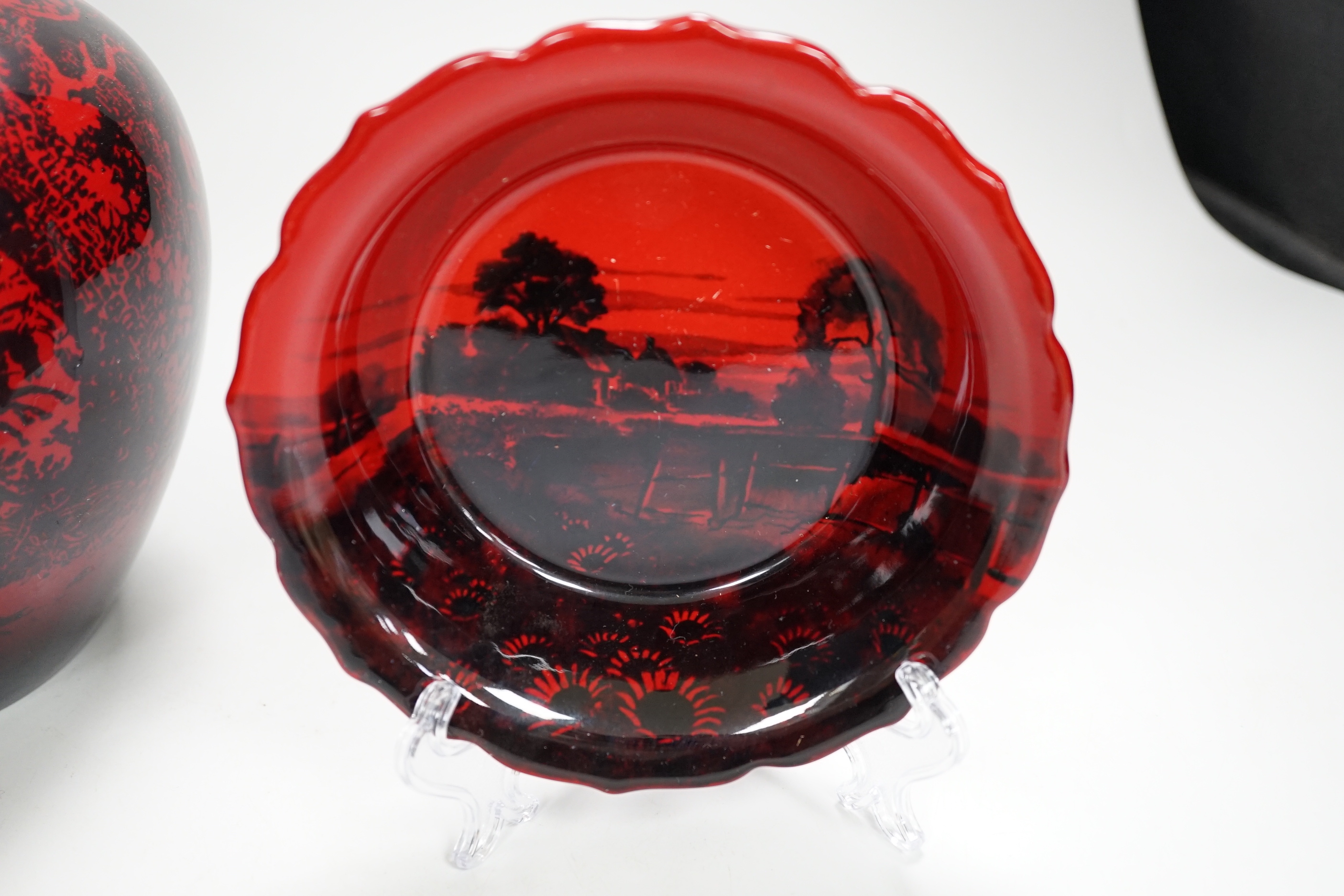 A Royal Doulton Flambé vase and bowl, the largest 22cm high